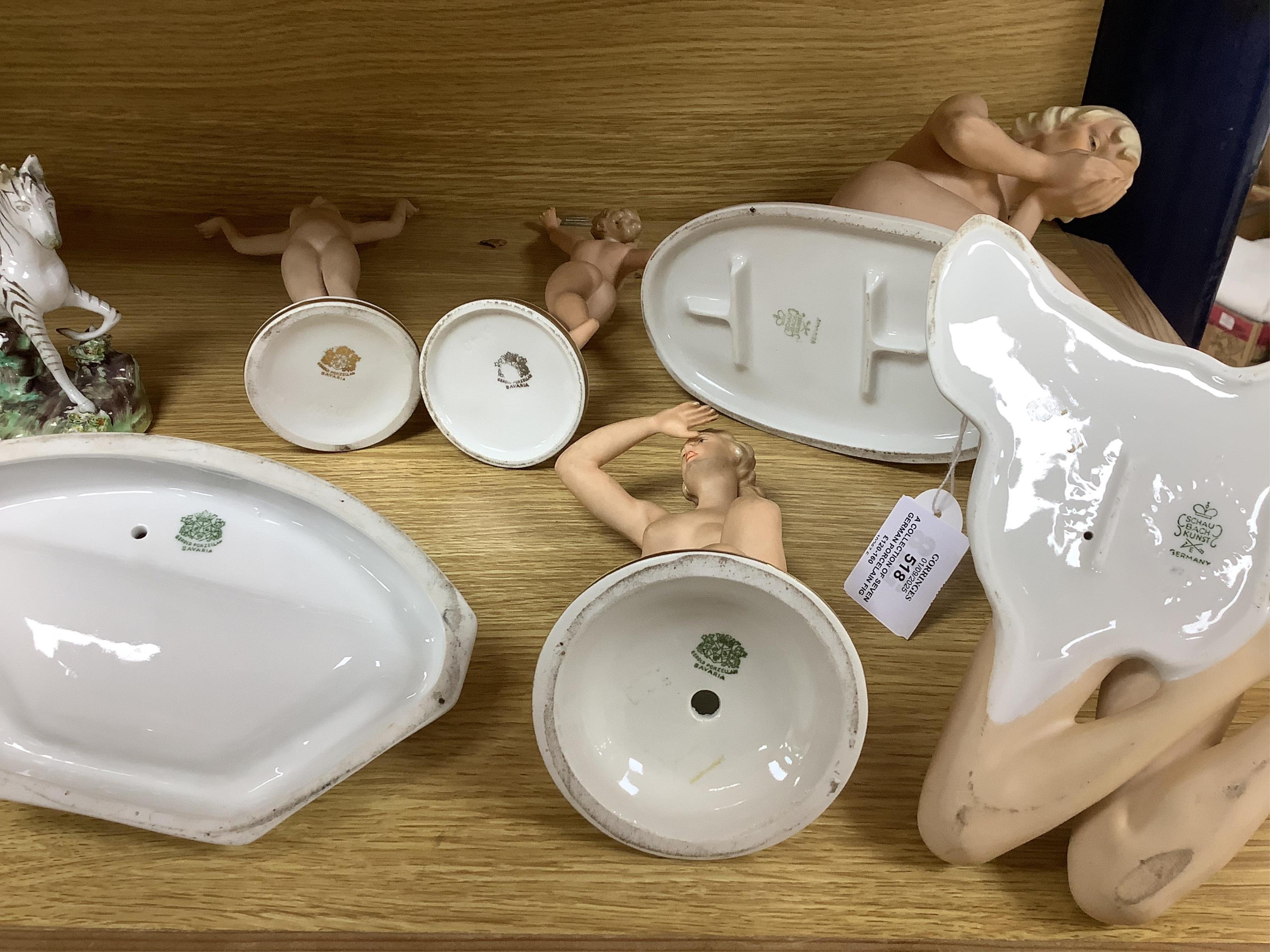 A collection of seven German porcelain figures of nude ladies, by Schau Bach Kunst, Gerold Porzellan, etc. the tallest 27cms.